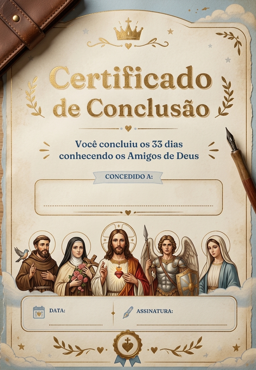Certificado de Conclusão dos 33 dias conhecendo os Amigos de Deus, com ilustrações de santos